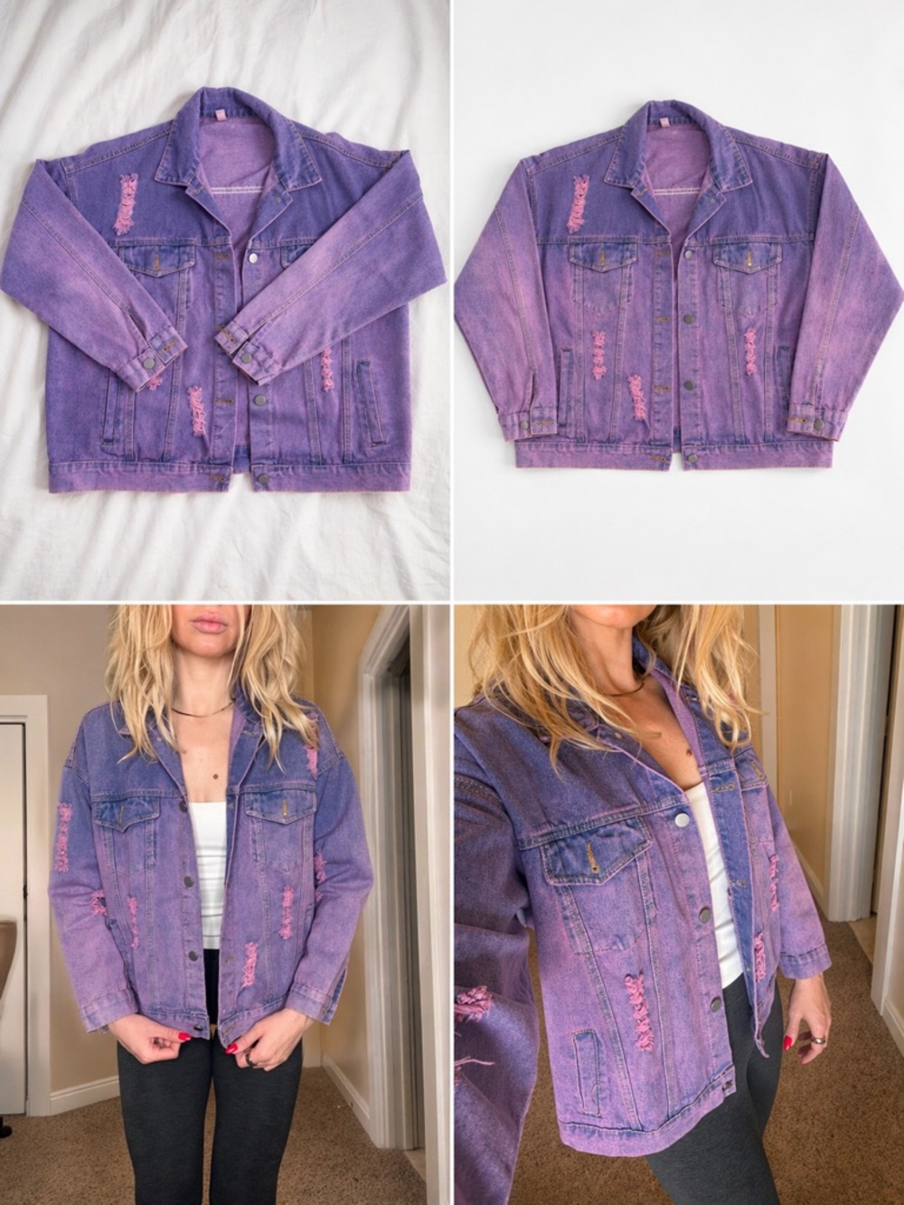 Purple Distressed Denim Jacket - Women's Oversized Jean Coat